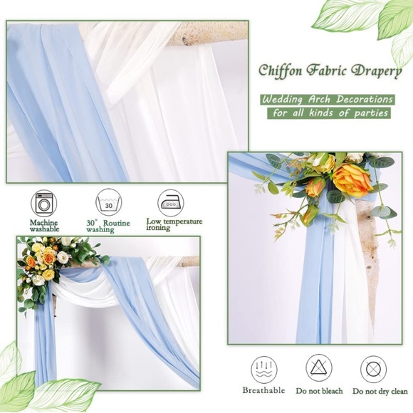 2 Panels White + Baby Blue Arch Drapes 6 Yards Wedding Arch Curtains Chiffon - Picture 2 of 6